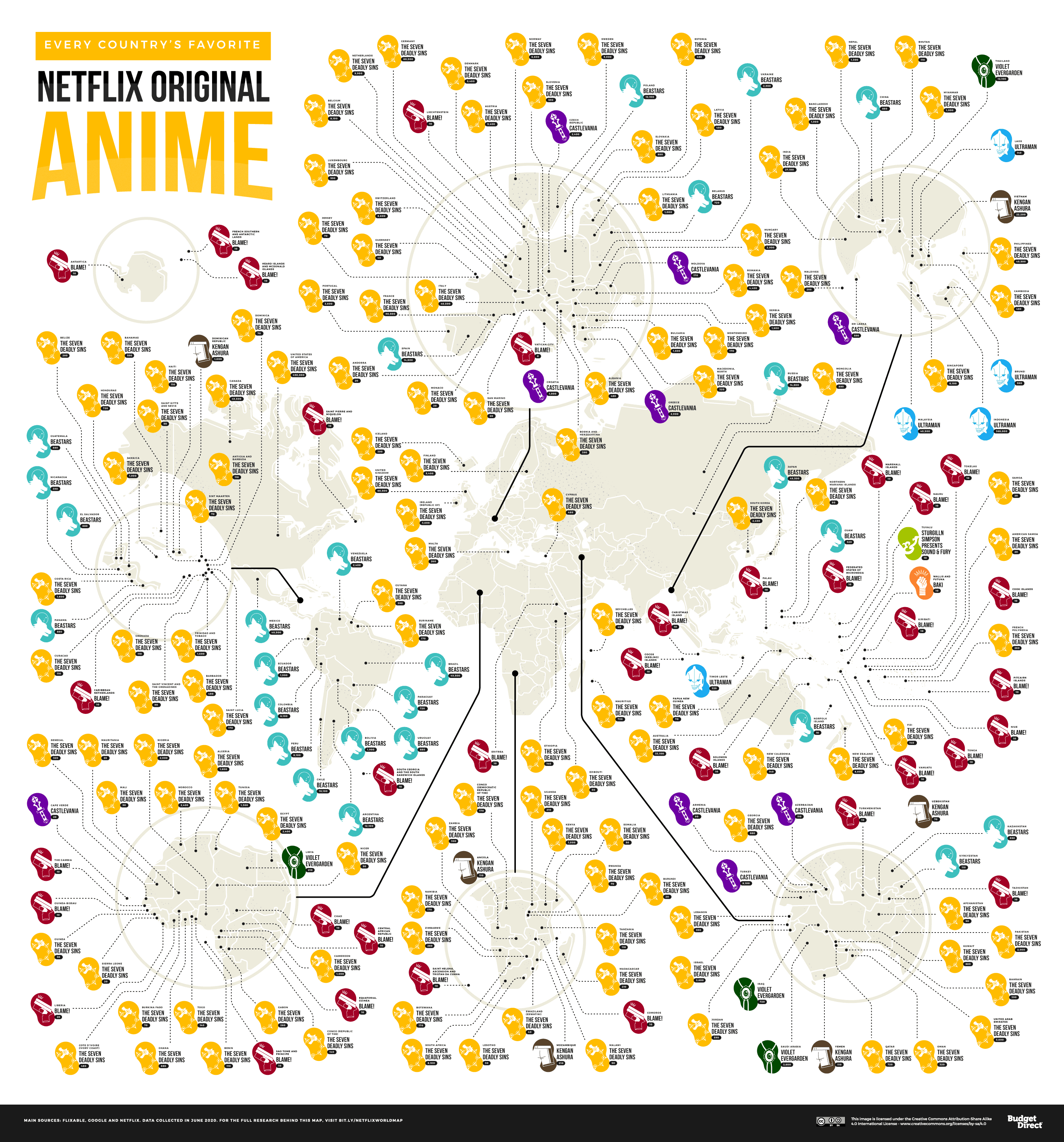 Which is the most popular Netflix original anime in each country?