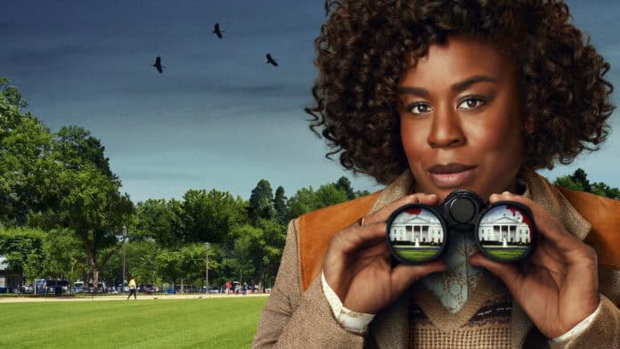 Detective Cordelia Cupp in The Residence holding her binoculars